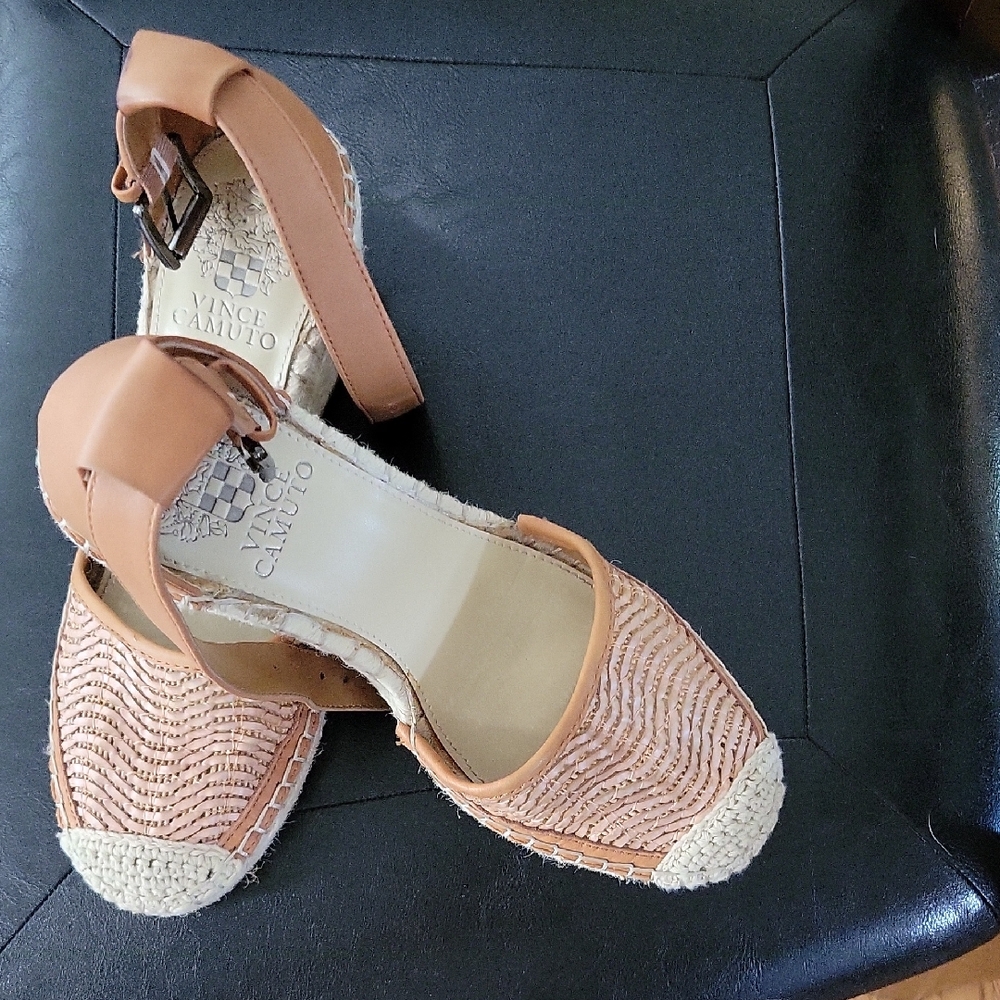 Vince Camuto Peach-Tan Espadrille Wedge Sandals with Ankle Strap